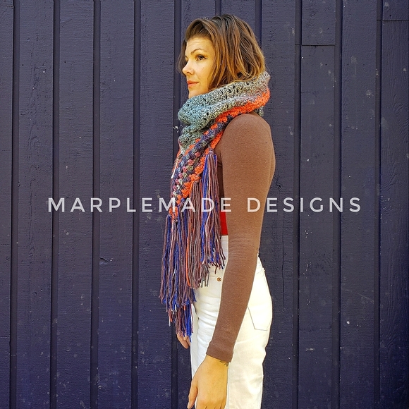 NWT* Handmade wrap scarf💜 MarpleMade Designs,  the Mix Up scarf, denim/orange - Picture 4 of 11